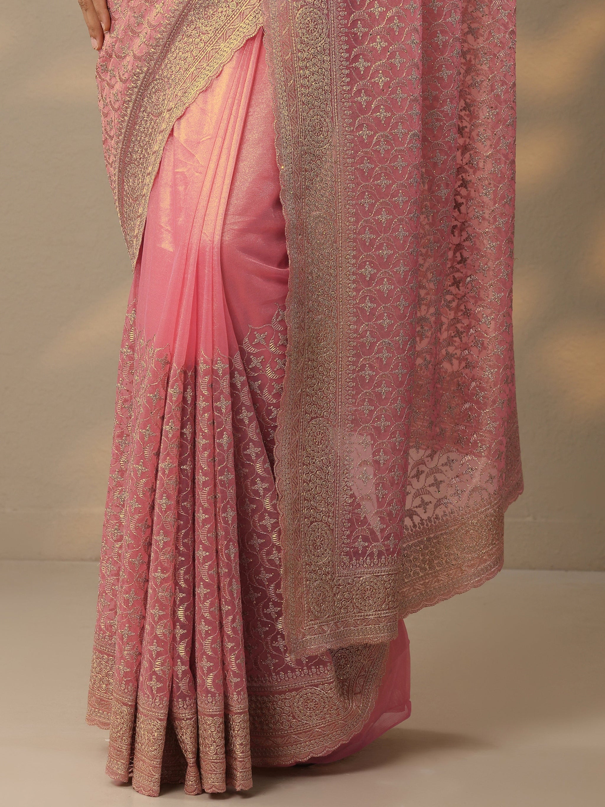 Libas Peach Embroidered Banarasi Nylon Saree With Unstitched Blouse Piece