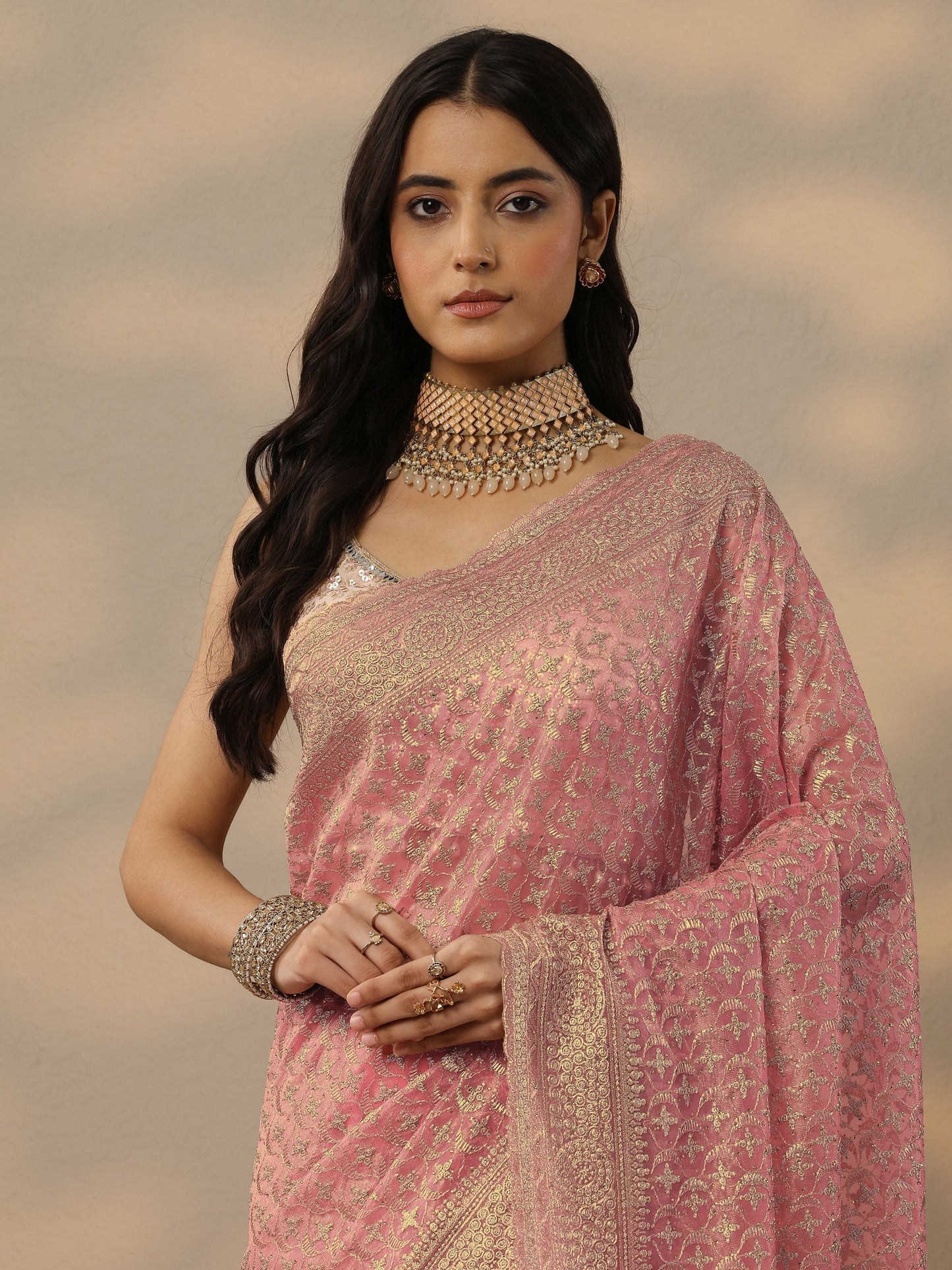 Libas Peach Embroidered Banarasi Nylon Saree With Unstitched Blouse Piece