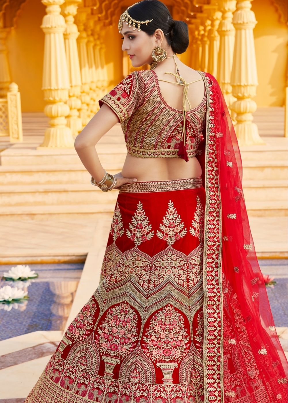 Crimson Red Velvet Bridal Lehenga Choli with Embroidery & Hand work