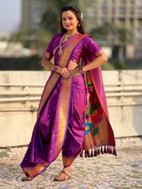 Special Nauvari Paithani Soft Silk Saree witPurple Weddingh Zari Woven Polka Motifs and Peacock Pallu