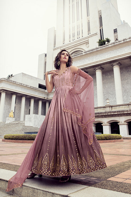 Pink To Dusty Multi Color Chinon Thread And Sequence Embroidered Work Gown