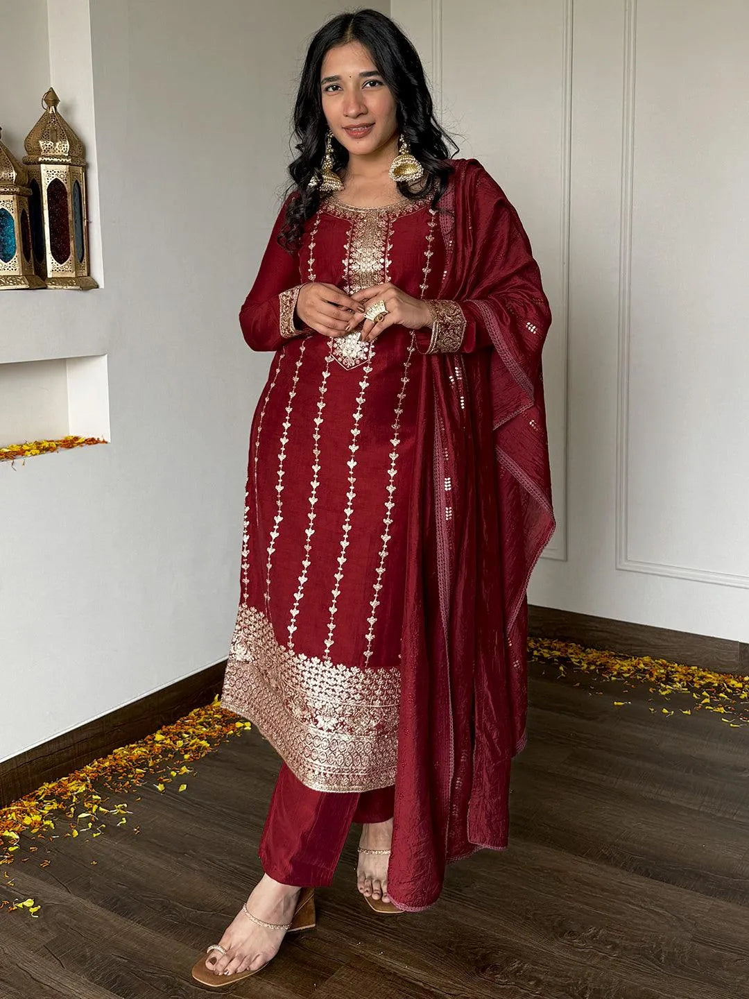 Mameraa Maroon Embroidered Silk Straight Suit With Dupatta