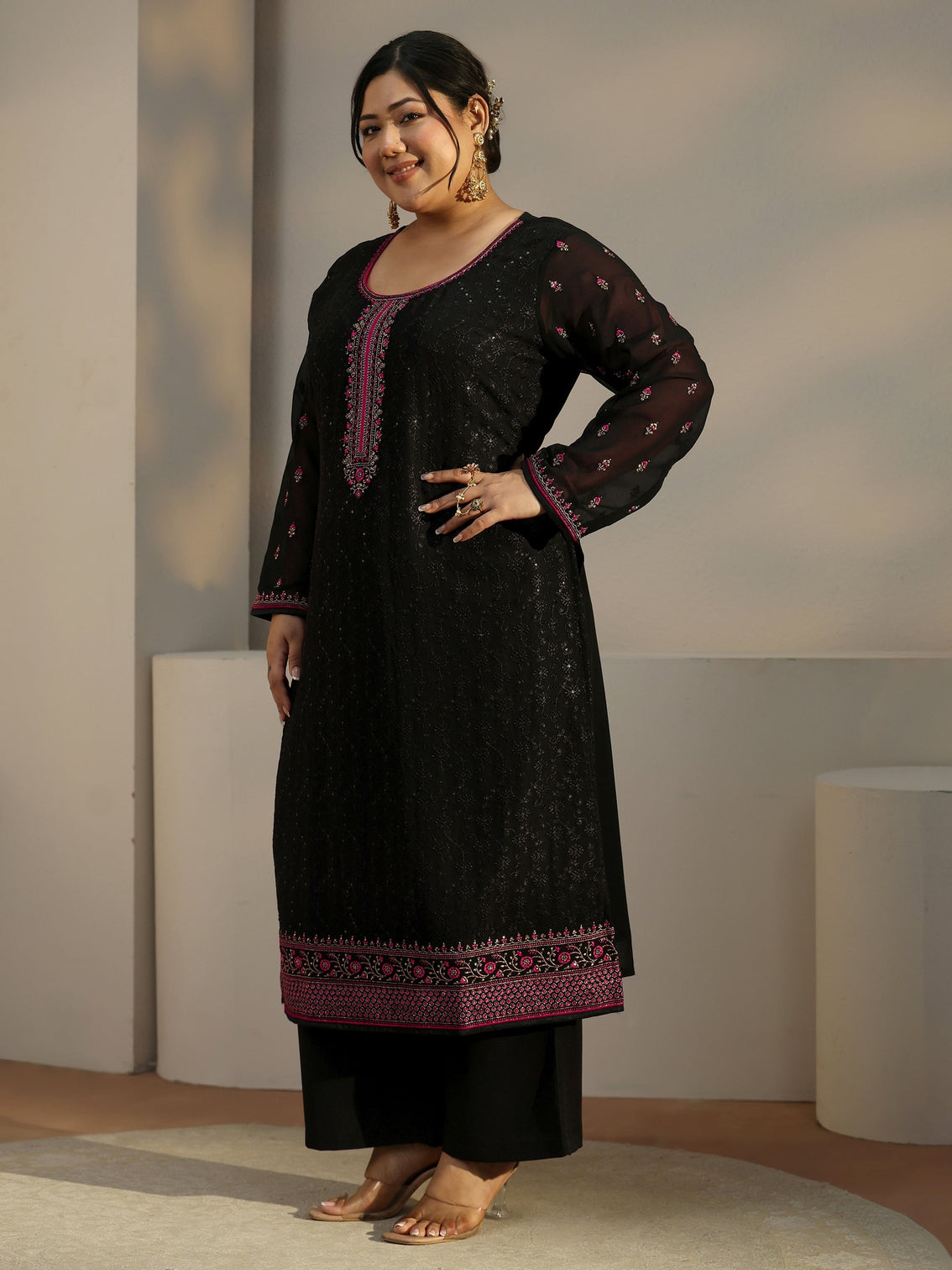 Plus Size Black Embroidered Georgette Straight Suit With Dupatta