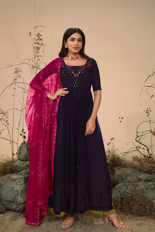 Purple Georgette Embroidered Work Kurta Palazzo Dupatta Set