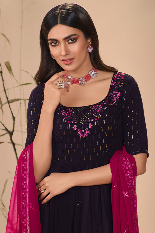 Purple Georgette Embroidered Work Kurta Palazzo Dupatta Set
