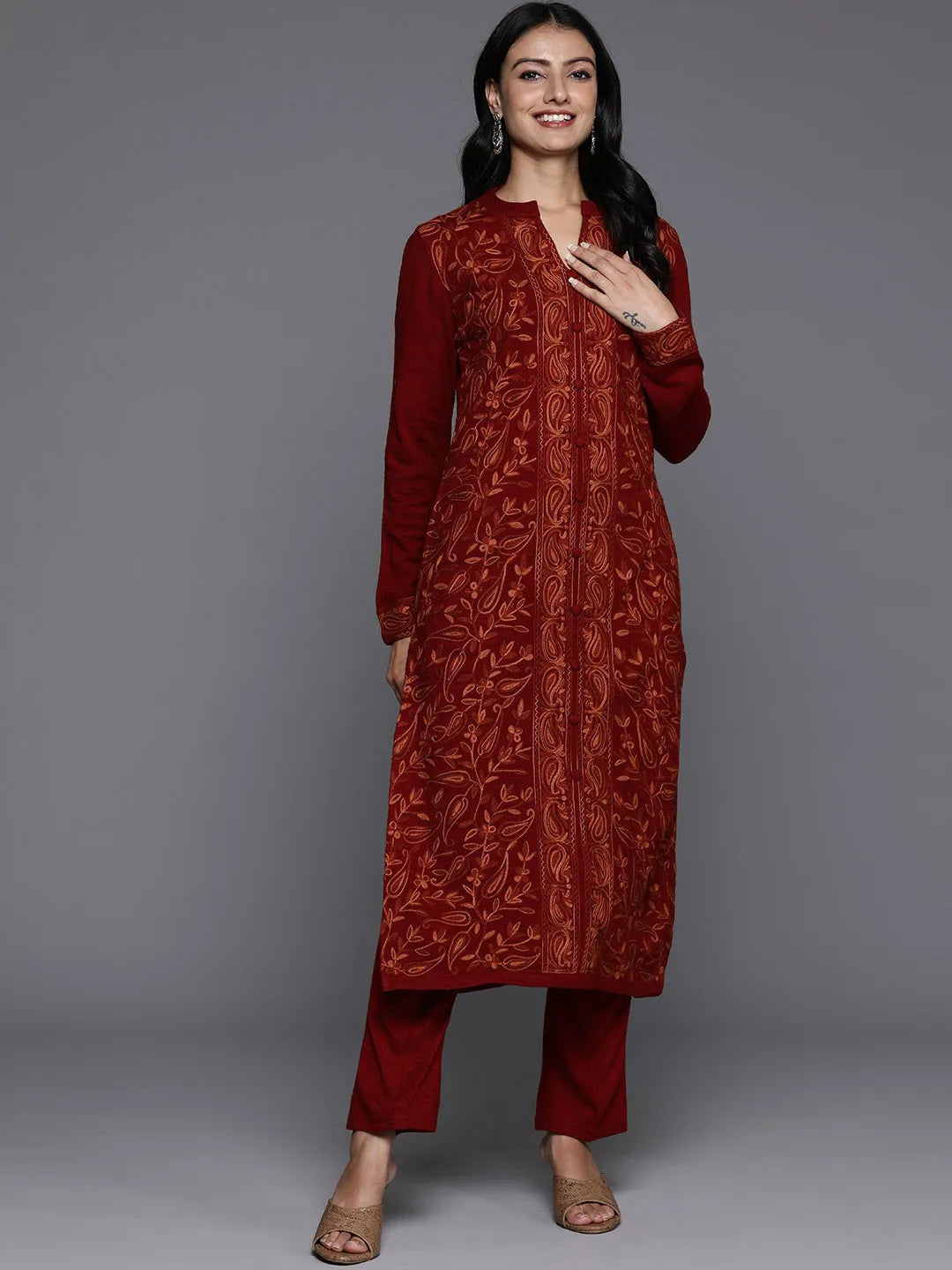 Libas Red Embroidered Wool Straight Kurta Set