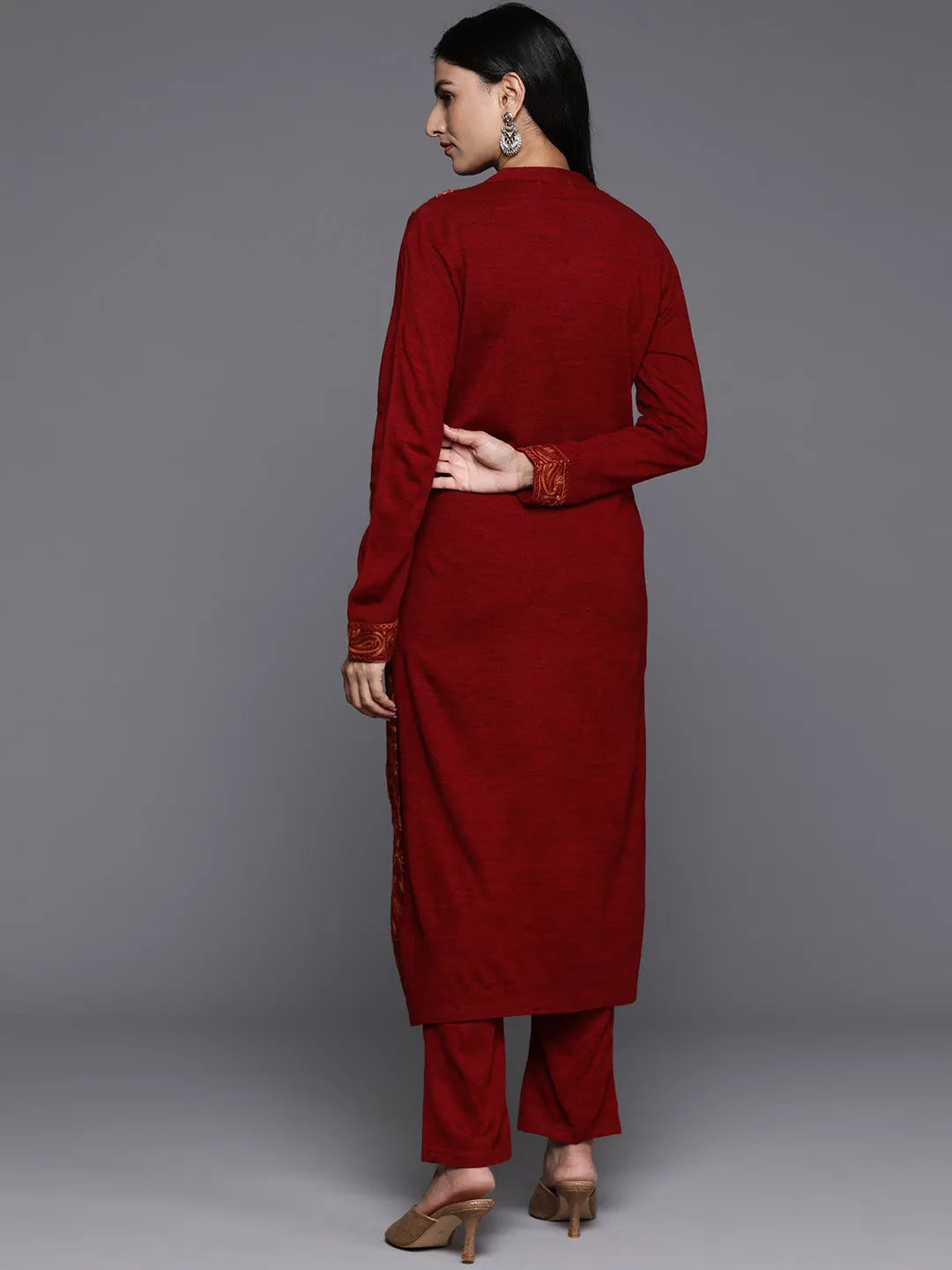 Libas Red Embroidered Wool Straight Kurta Set