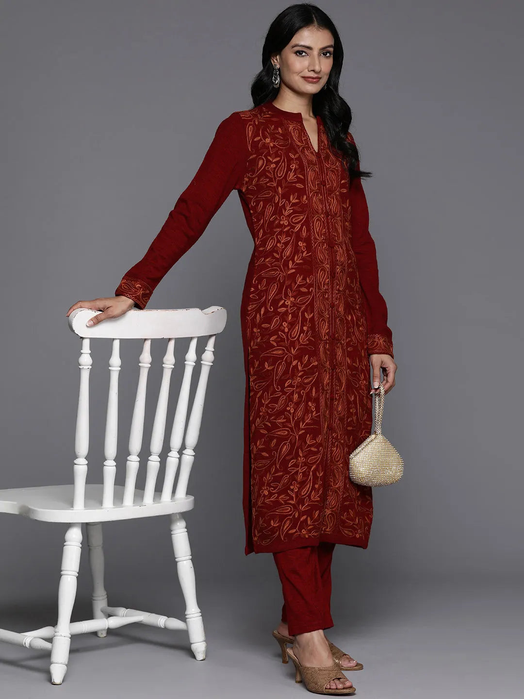 Libas Red Embroidered Wool Straight Kurta Set