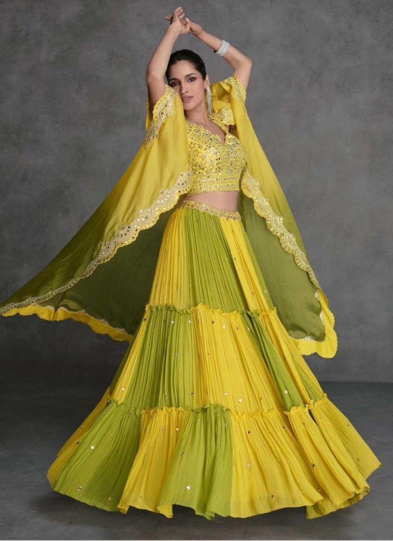 Designer Yellow Embroidered Organza Silk Lehenga Set with Crop Top