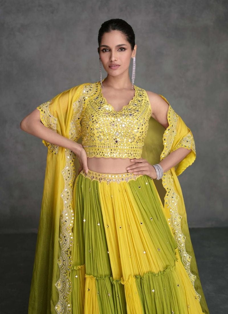 Designer Yellow Embroidered Organza Silk Lehenga Set with Crop Top