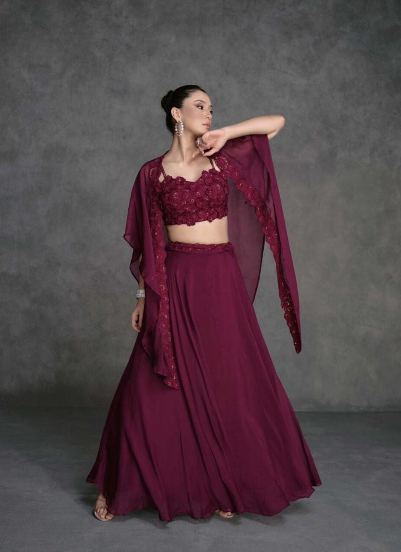 Designer Wine Embroidered Organza Silk Lehenga Set with Crop Top