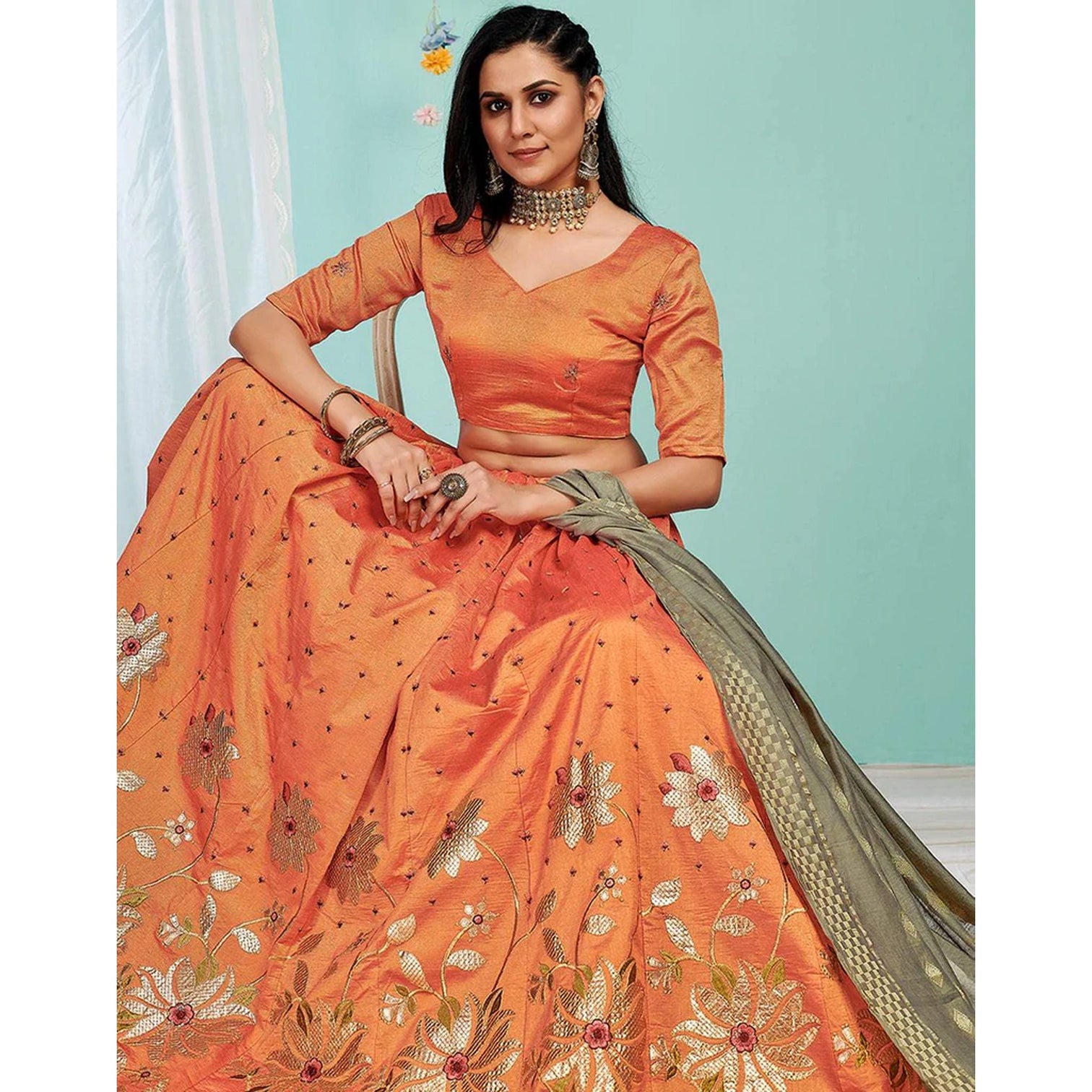 Sunrise Orange Gota Patti and Zari Stich Without can can work Lehenga choli