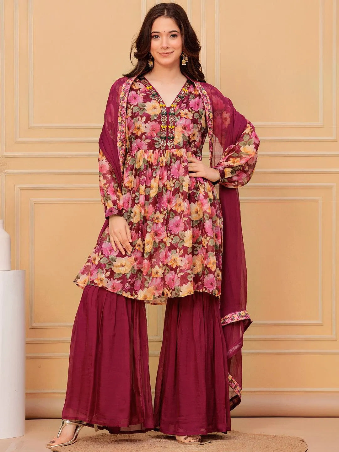 Mameraa Maroon Printed Organza A-Line Sharara Suit Set With Dupatta