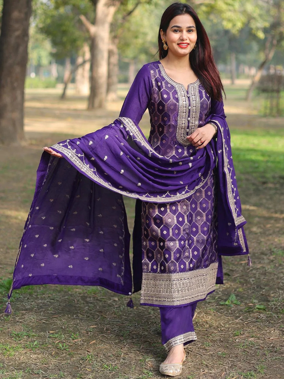 Mameraa Purple Woven Design Silk Blend Straight Suit With Dupatta