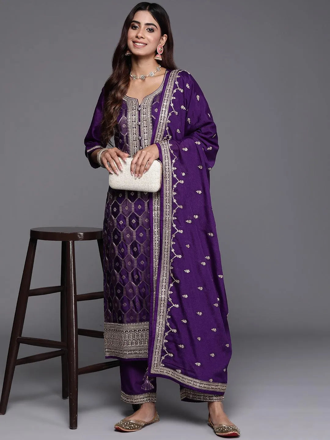 Mameraa Purple Woven Design Silk Blend Straight Suit With Dupatta