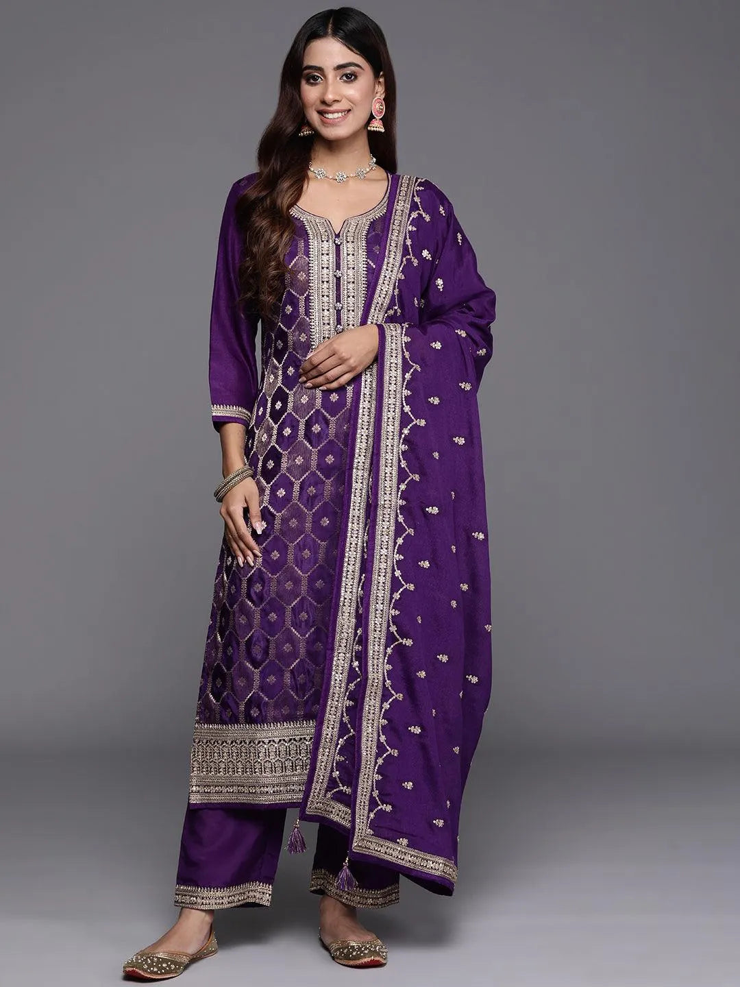 Mameraa Purple Woven Design Silk Blend Straight Suit With Dupatta
