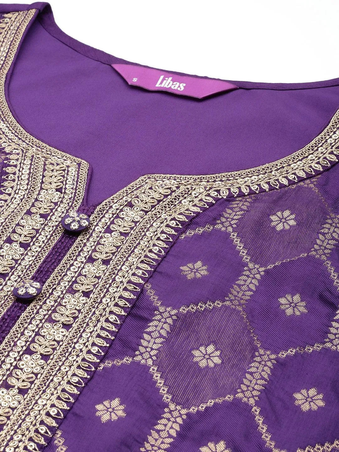 Mameraa Purple Woven Design Silk Blend Straight Suit With Dupatta