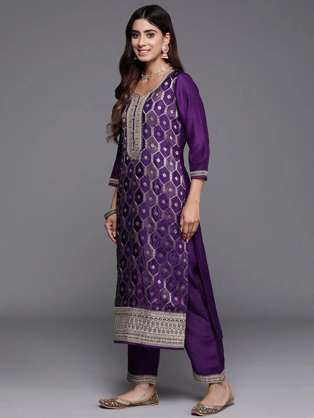 Mameraa Purple Woven Design Silk Blend Straight Suit With Dupatta