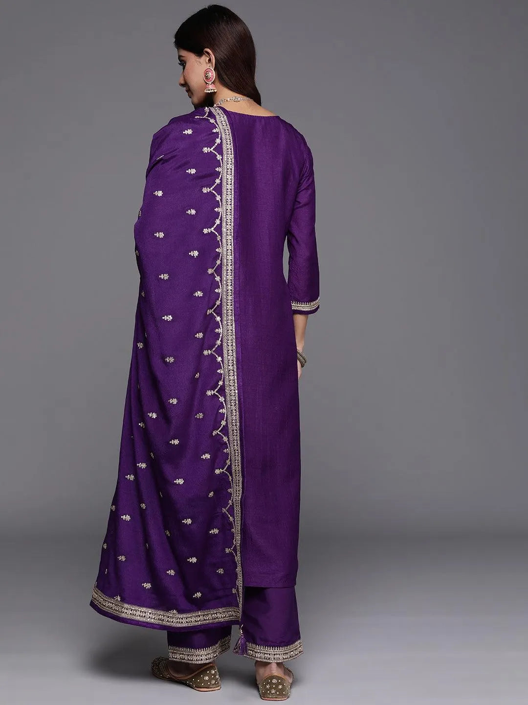 Mameraa Purple Woven Design Silk Blend Straight Suit With Dupatta