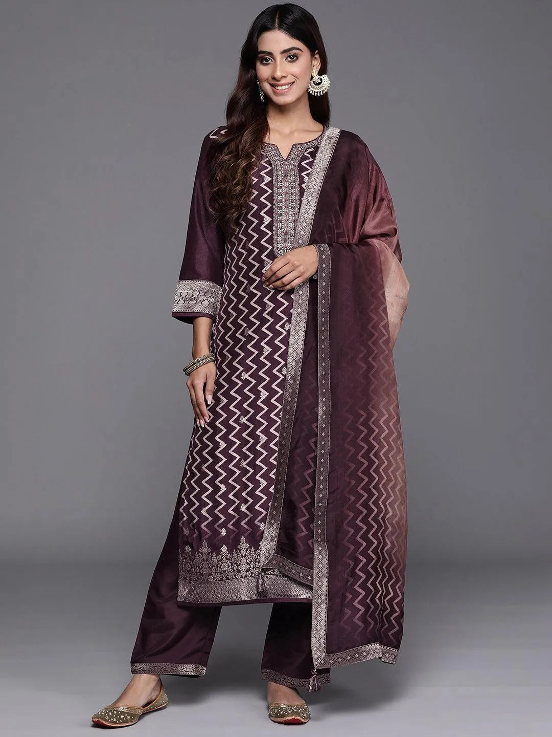 Mameraa Wine Printed Silk Blend Straight Suit With Dupatta