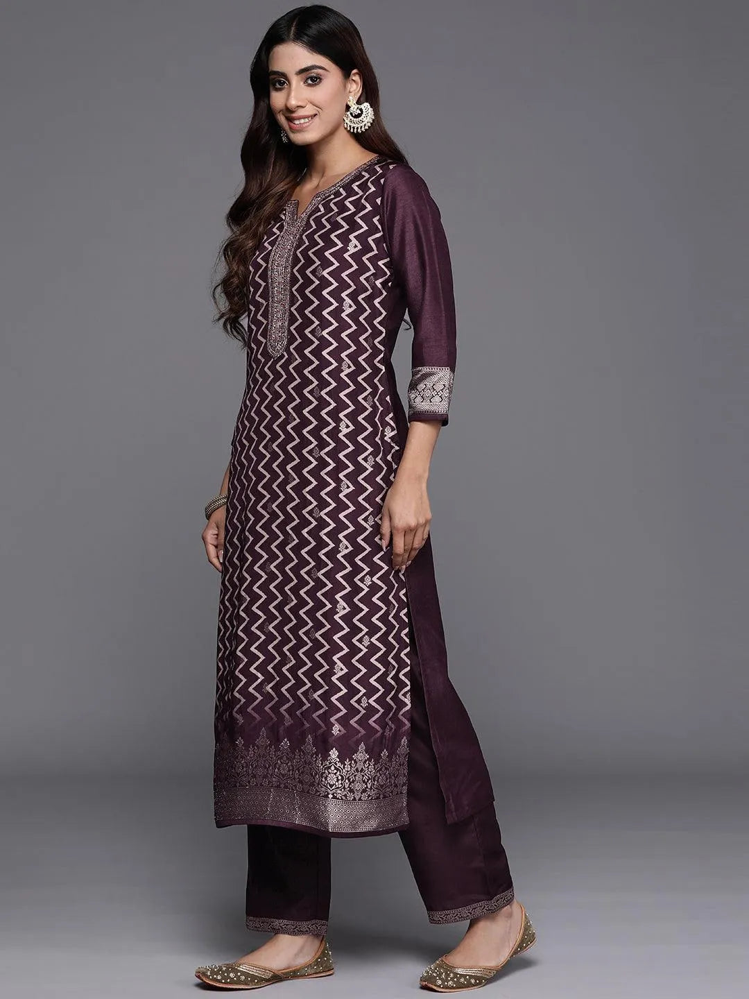 Mameraa Wine Printed Silk Blend Straight Suit With Dupatta