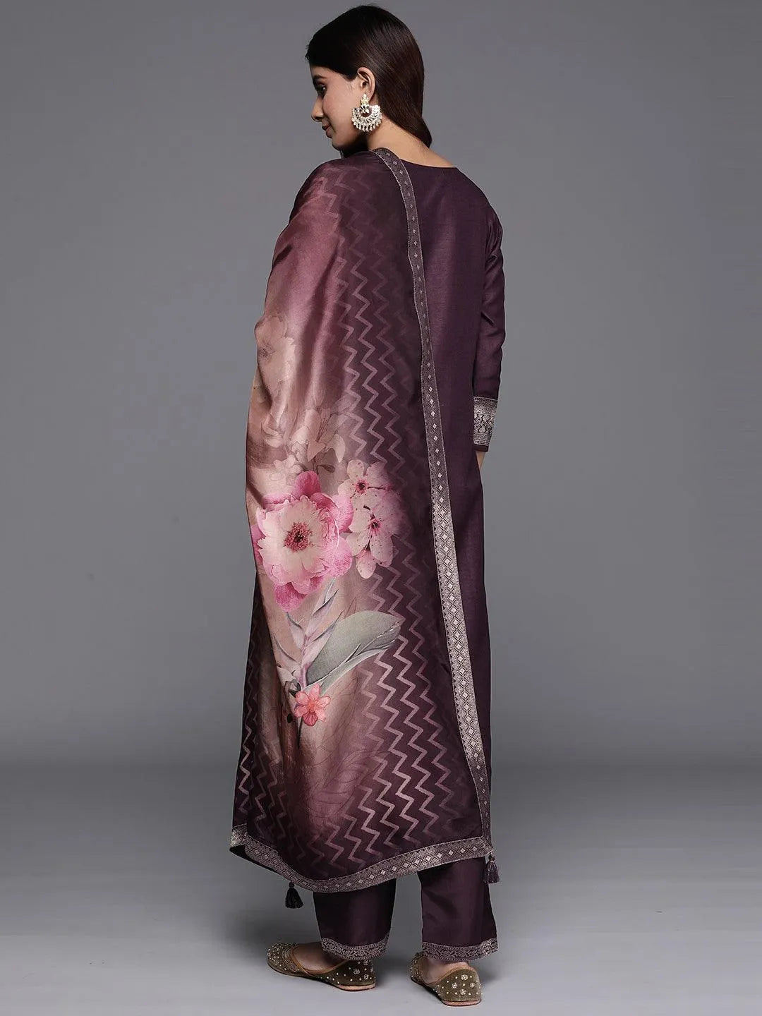 Mameraa Wine Printed Silk Blend Straight Suit With Dupatta