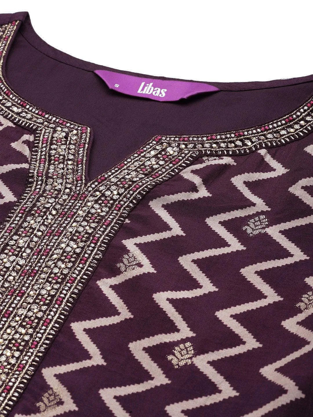 Mameraa Wine Printed Silk Blend Straight Suit With Dupatta