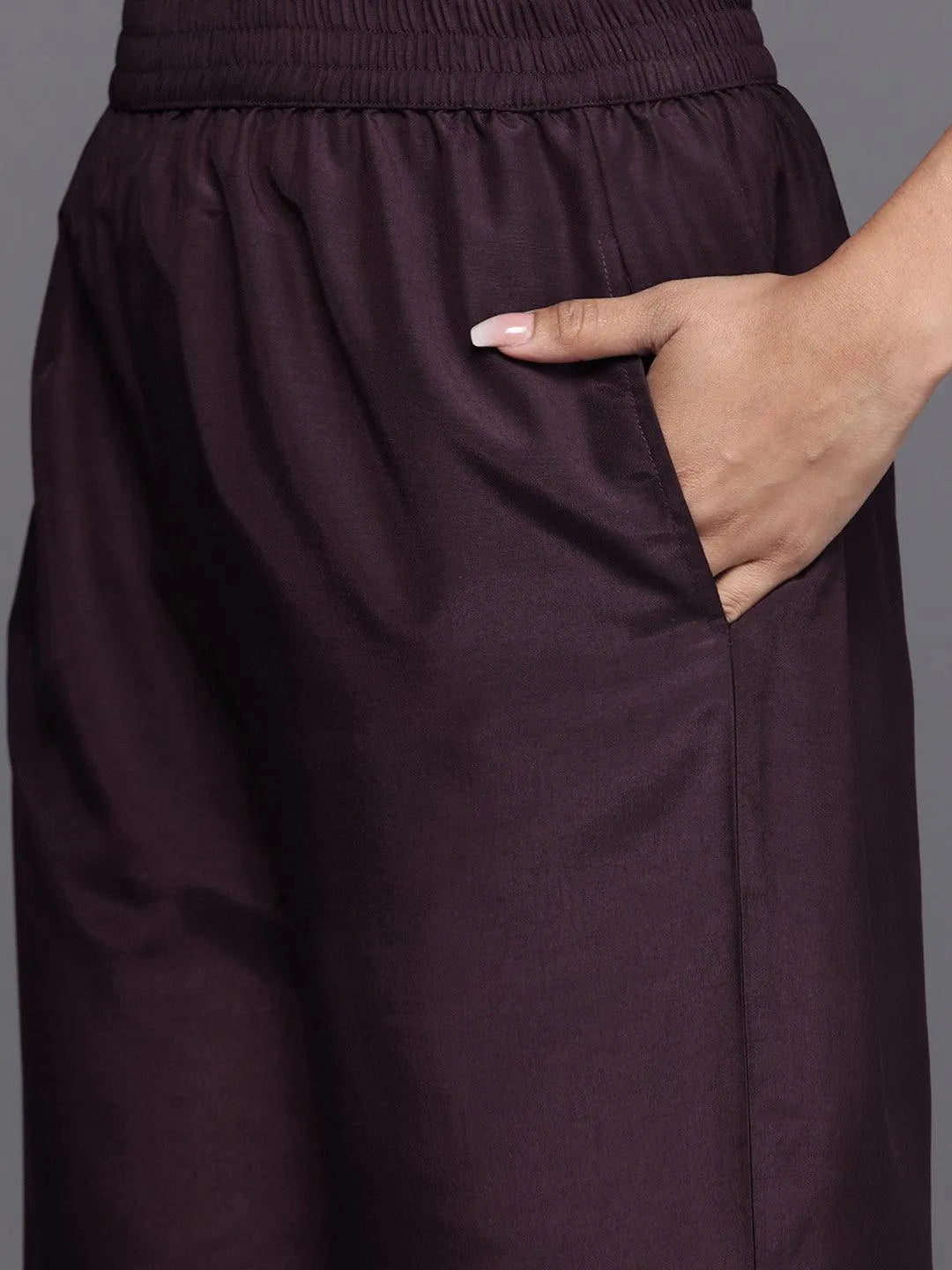 Mameraa Wine Printed Silk Blend Straight Suit With Dupatta