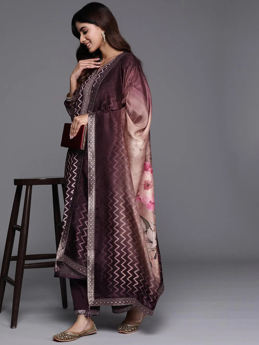Mameraa Wine Printed Silk Blend Straight Suit With Dupatta