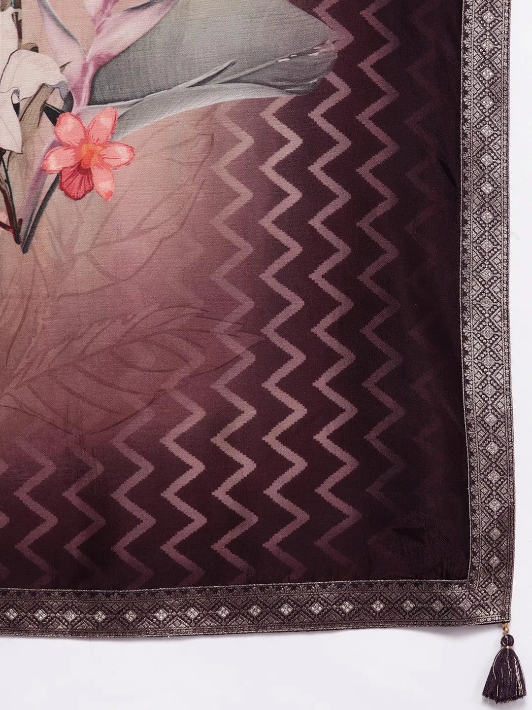 Mameraa Wine Printed Silk Blend Straight Suit With Dupatta