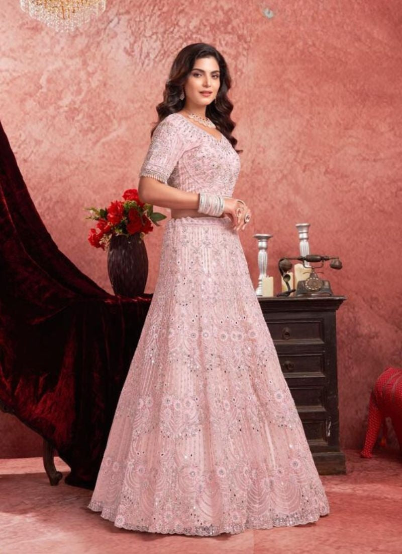 Designer Baby Pink Embroidered Net Bridal Lehenga Choli