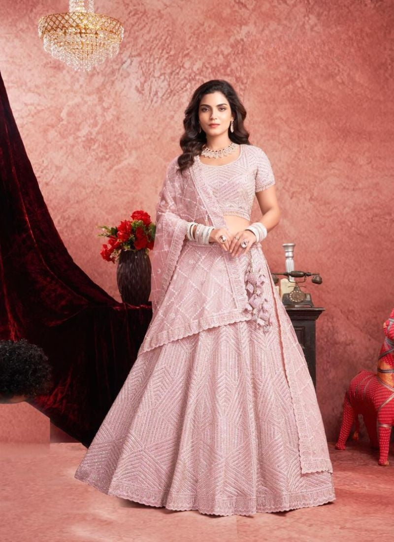 Designer Baby Pink Net with Zarkan Bridal Lehenga Choli