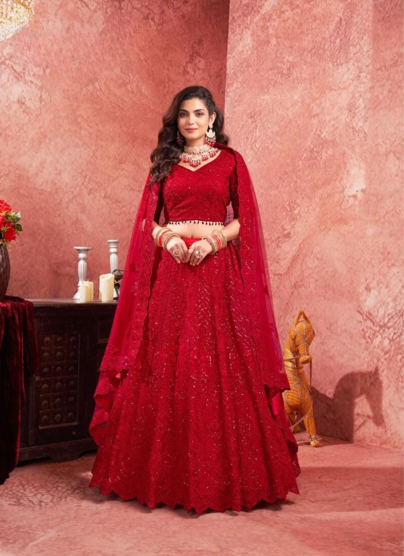 Designer Red Premium Net Bridal Lehenga Choli