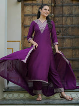 Libas Wine Yoke Design Silk Blend Straight Suit With Dupatta