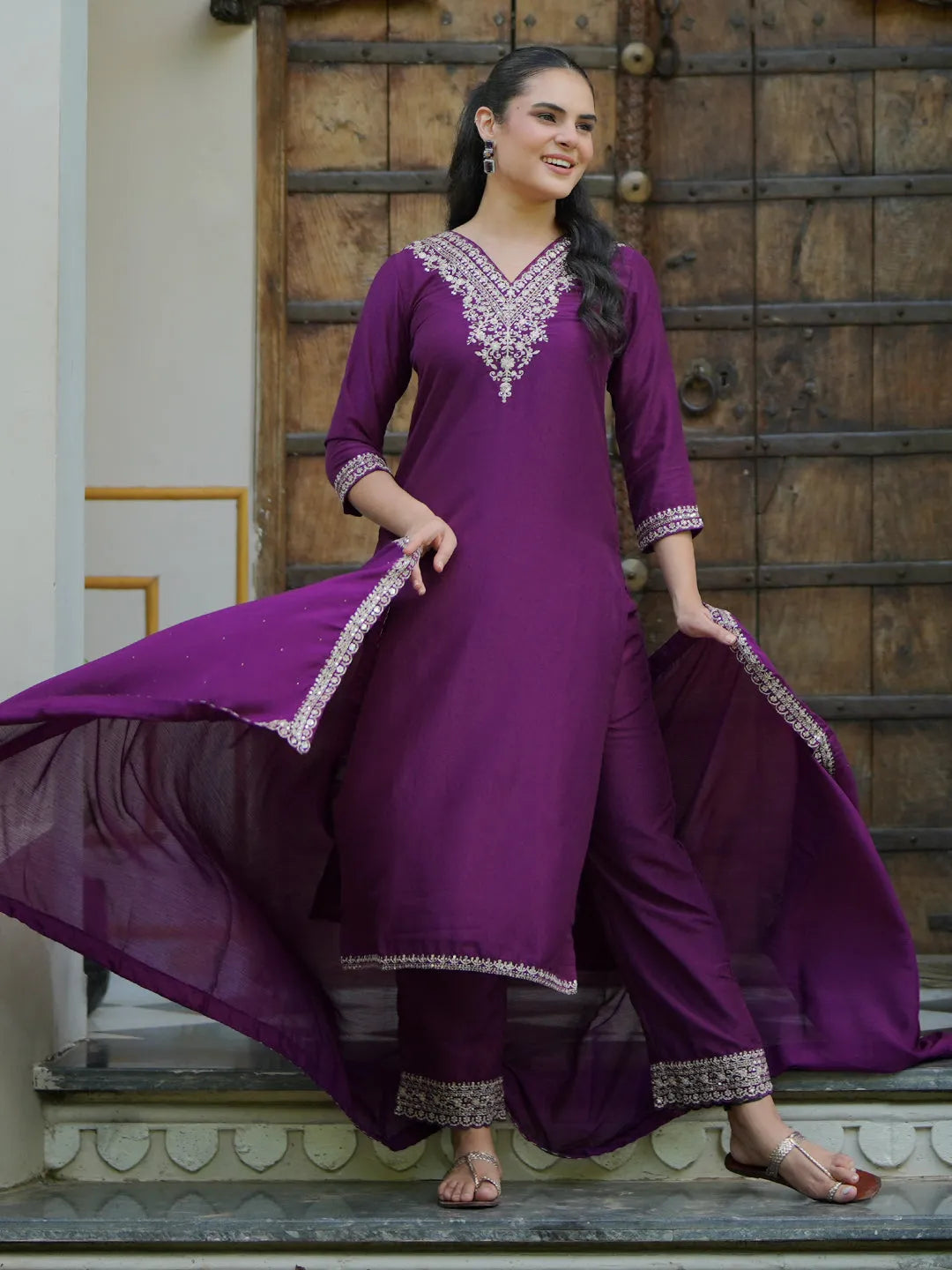 Libas Wine Yoke Design Silk Blend Straight Suit With Dupatta