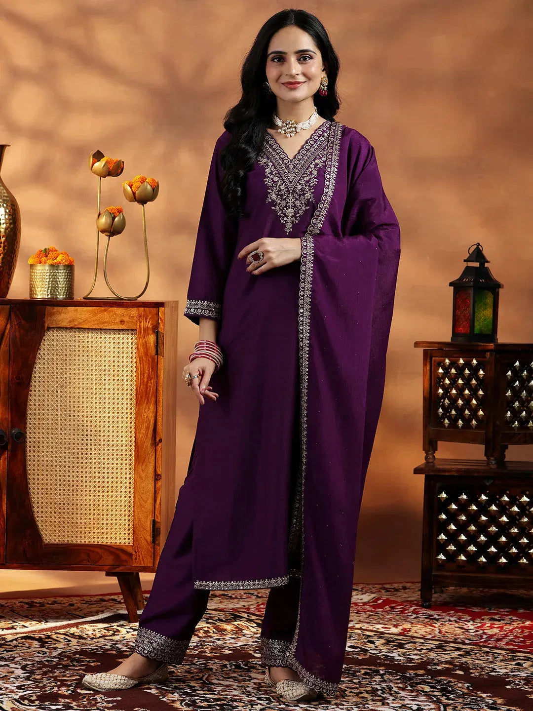 Libas Wine Yoke Design Silk Blend Straight Suit With Dupatta