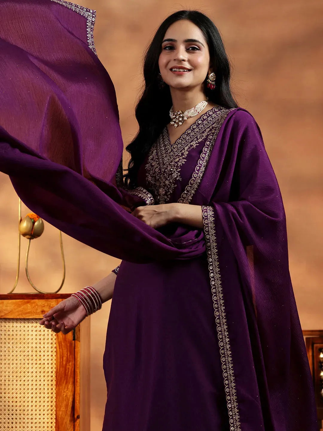 Libas Wine Yoke Design Silk Blend Straight Suit With Dupatta