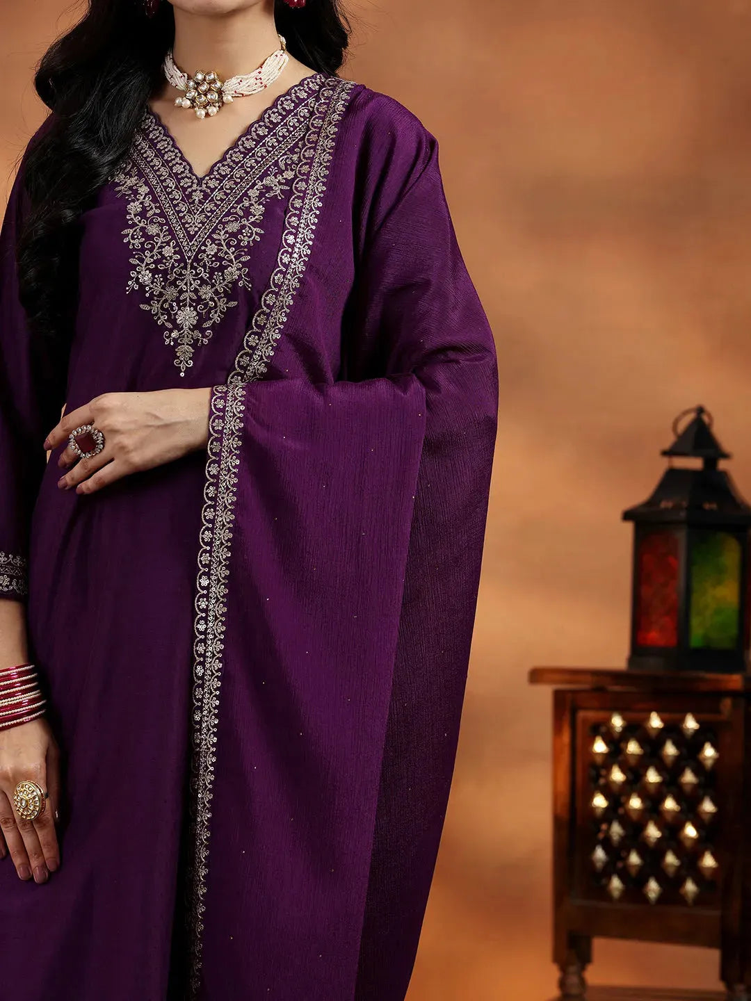 Libas Wine Yoke Design Silk Blend Straight Suit With Dupatta
