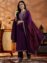 Libas Wine Yoke Design Silk Blend Straight Suit With Dupatta