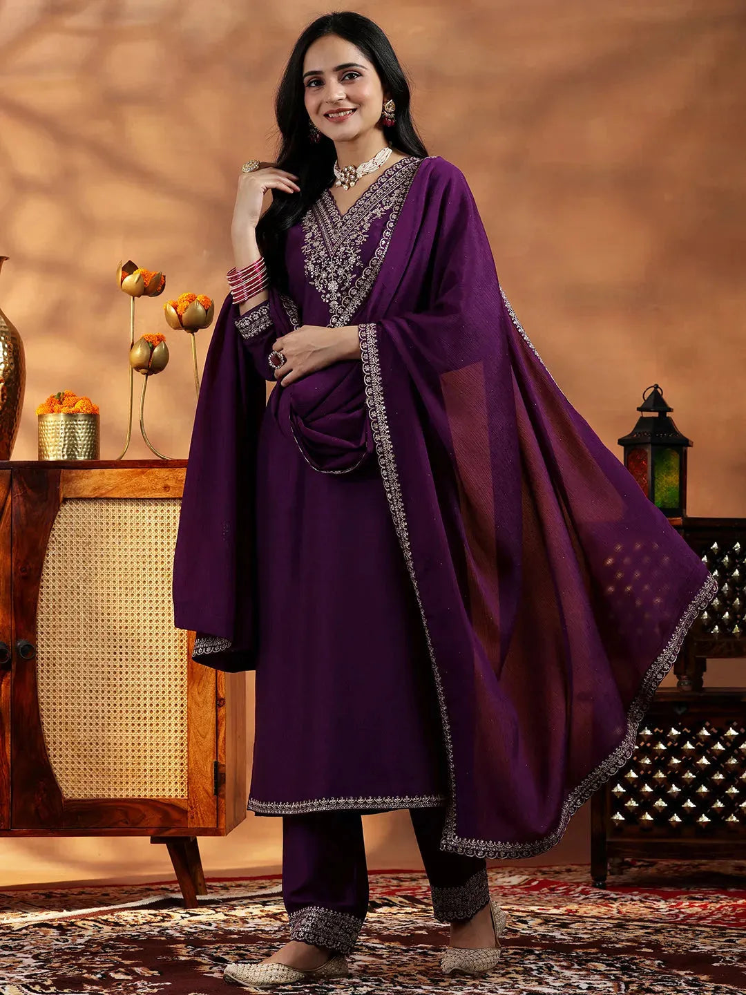 Libas Wine Yoke Design Silk Blend Straight Suit With Dupatta