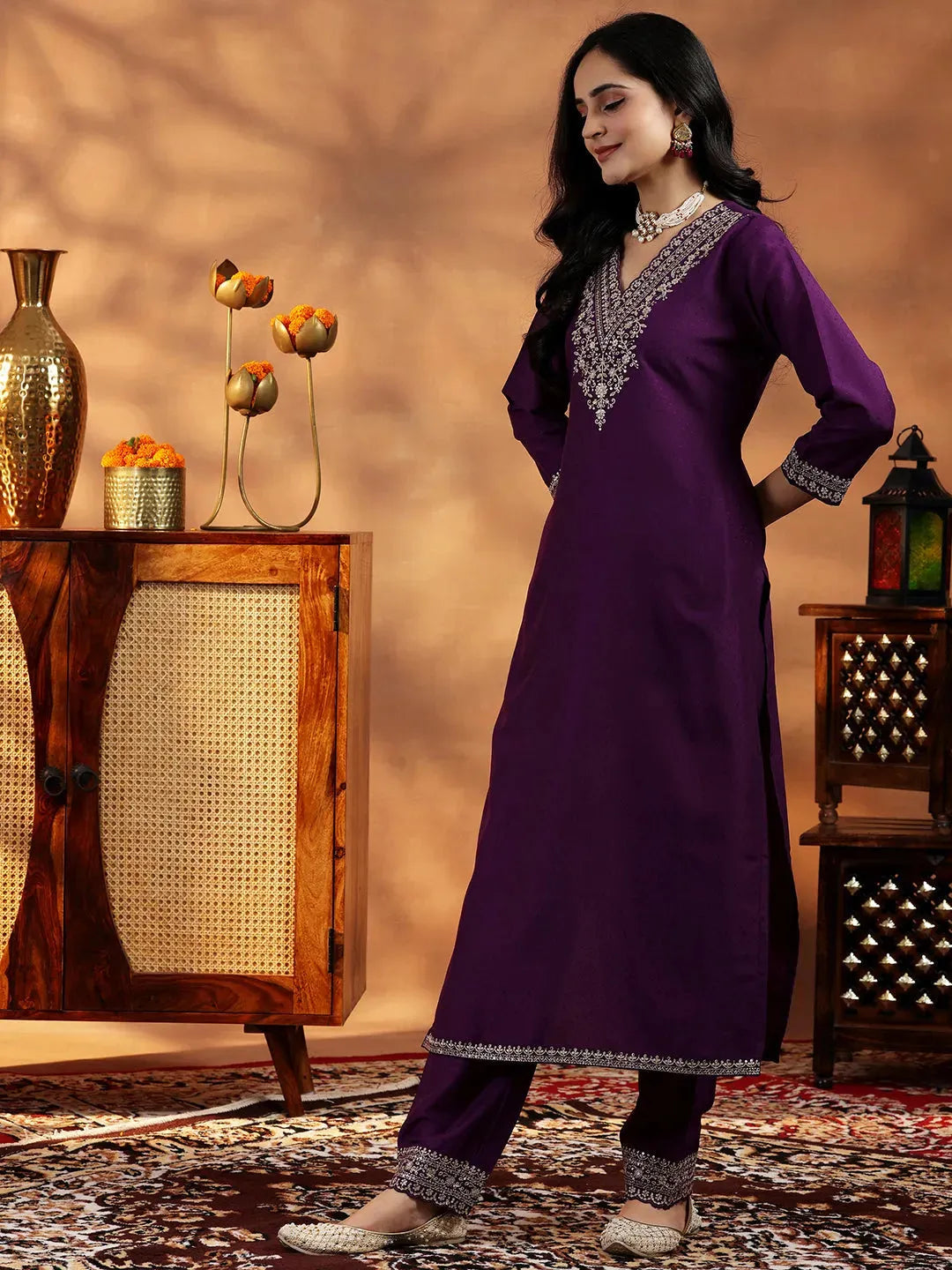 Libas Wine Yoke Design Silk Blend Straight Suit With Dupatta