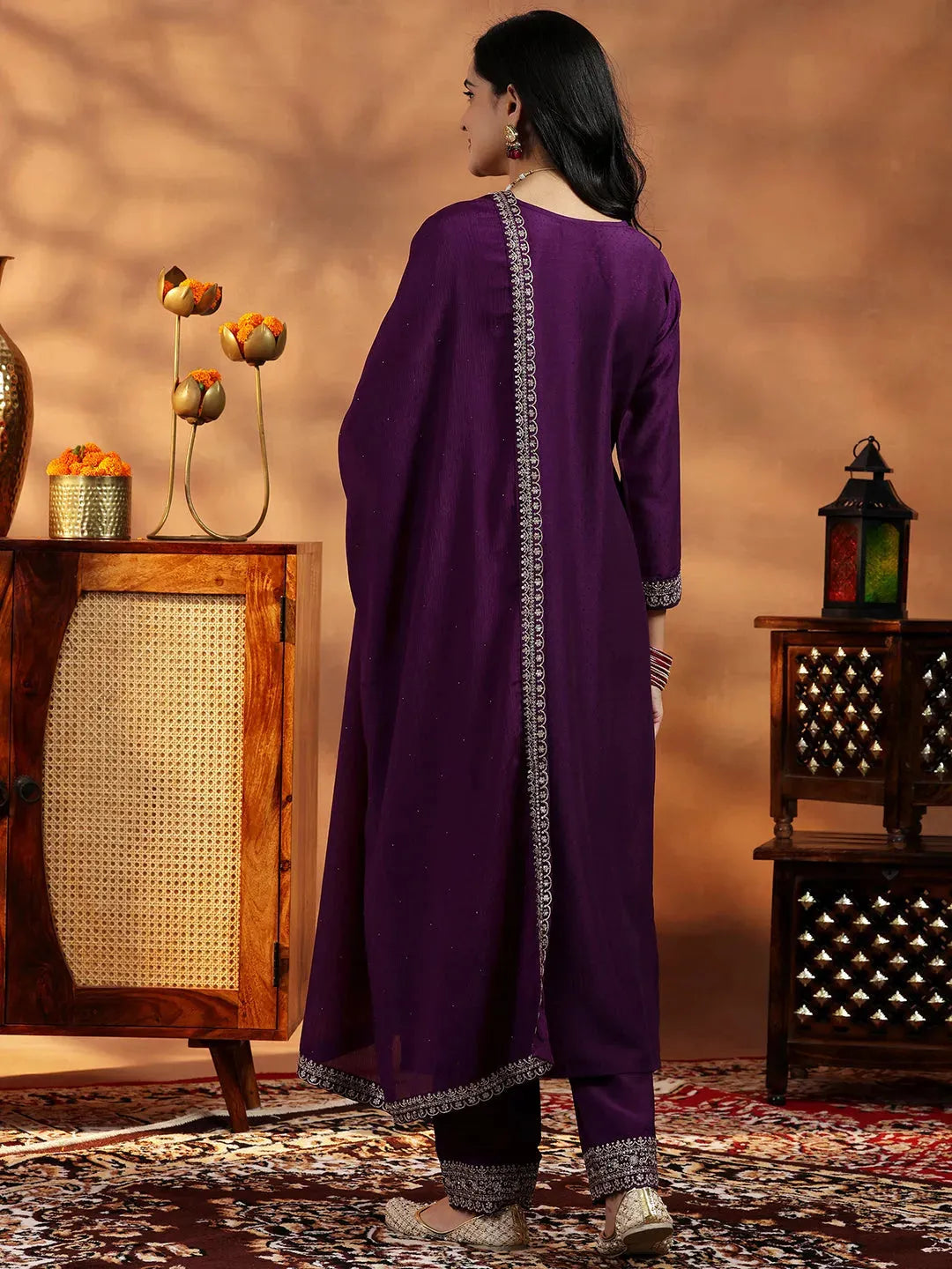 Libas Wine Yoke Design Silk Blend Straight Suit With Dupatta