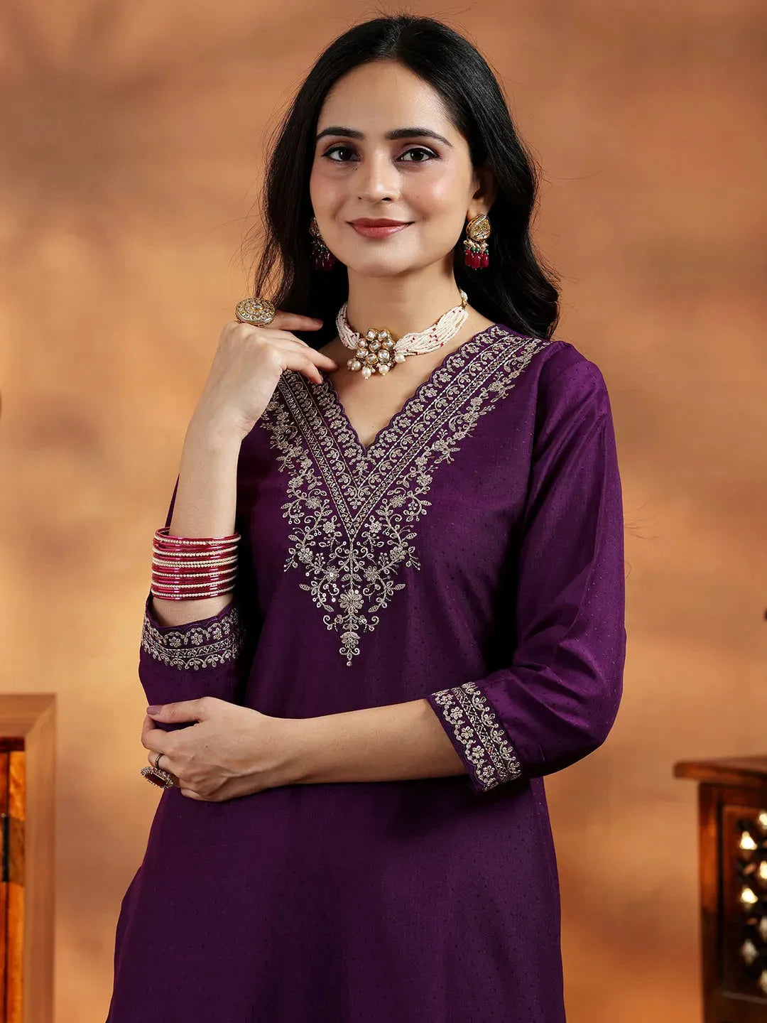 Libas Wine Yoke Design Silk Blend Straight Suit With Dupatta