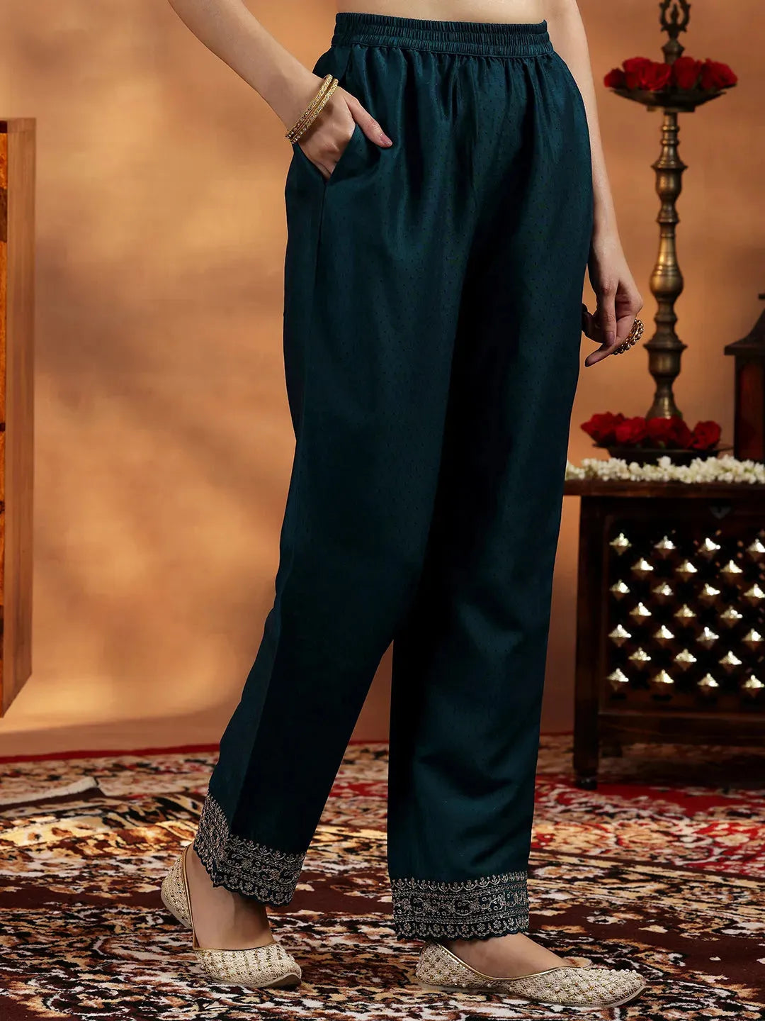 Mameraa Teal Yoke Design Silk Blend Straight Suit With Dupatta