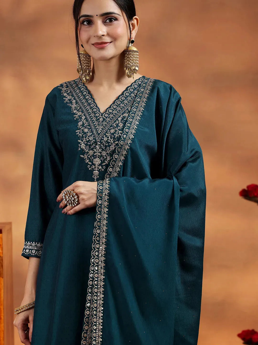 Mameraa Teal Yoke Design Silk Blend Straight Suit With Dupatta