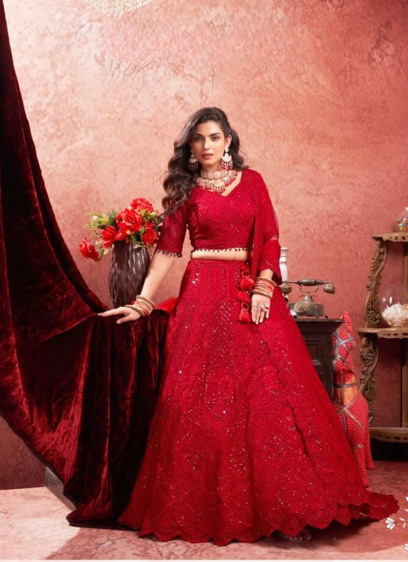 Designer Red Premium Net Bridal Lehenga Choli