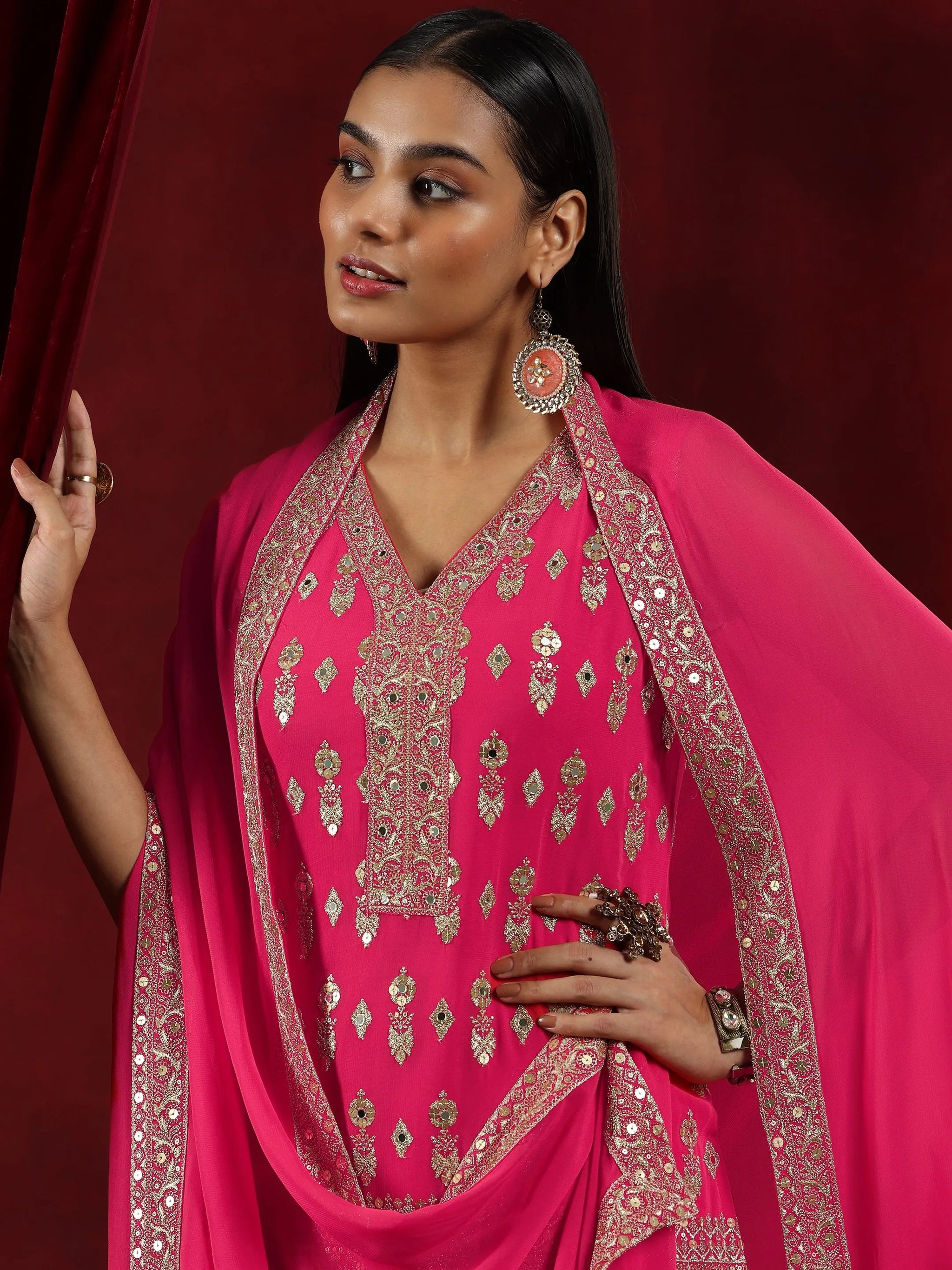 Libas Art Coral Embroidered Georgette Straight Suit With Dupatta