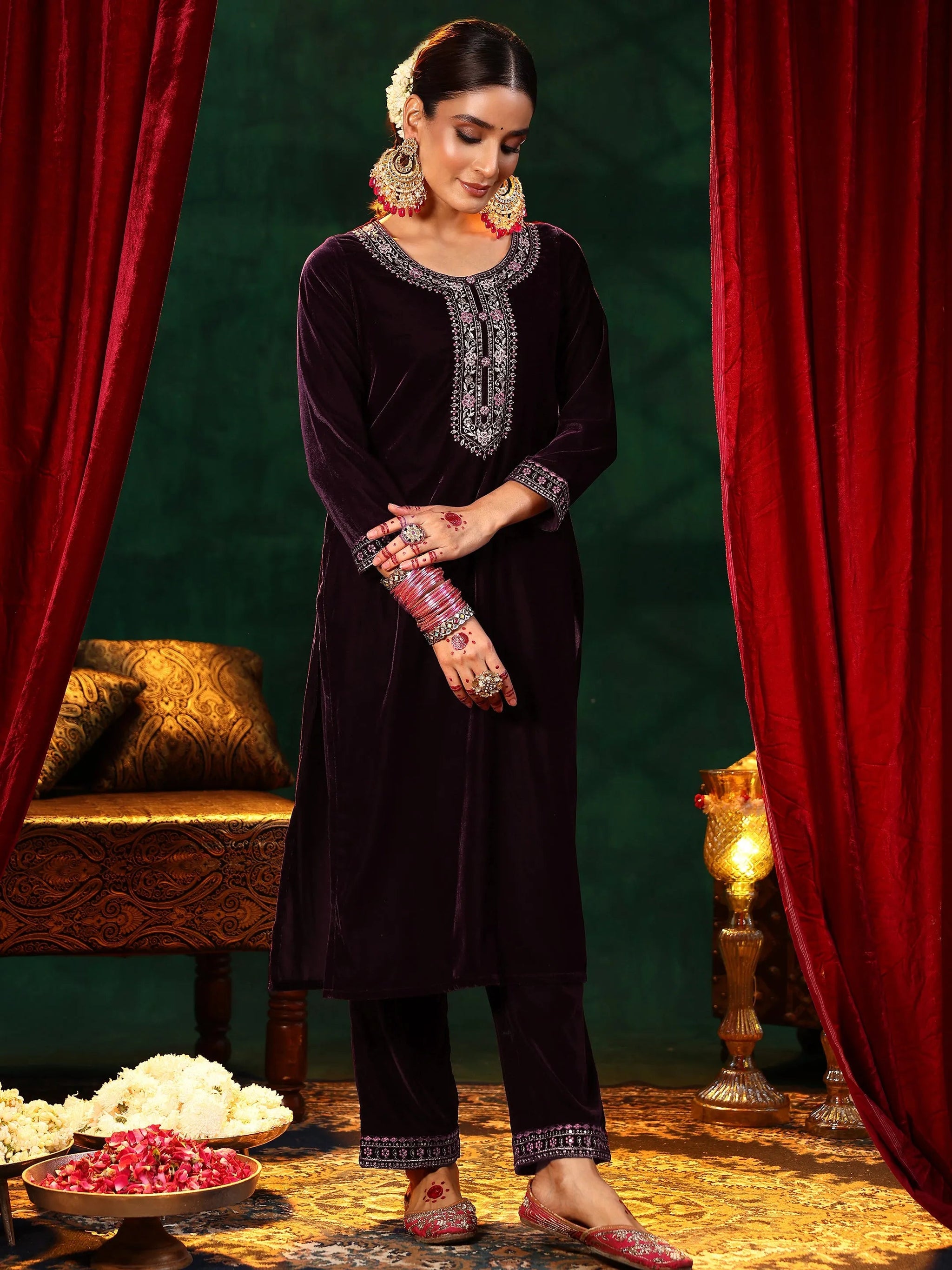 Libas Burgundy Yoke Design Velvet Straight Suit With Dupatta