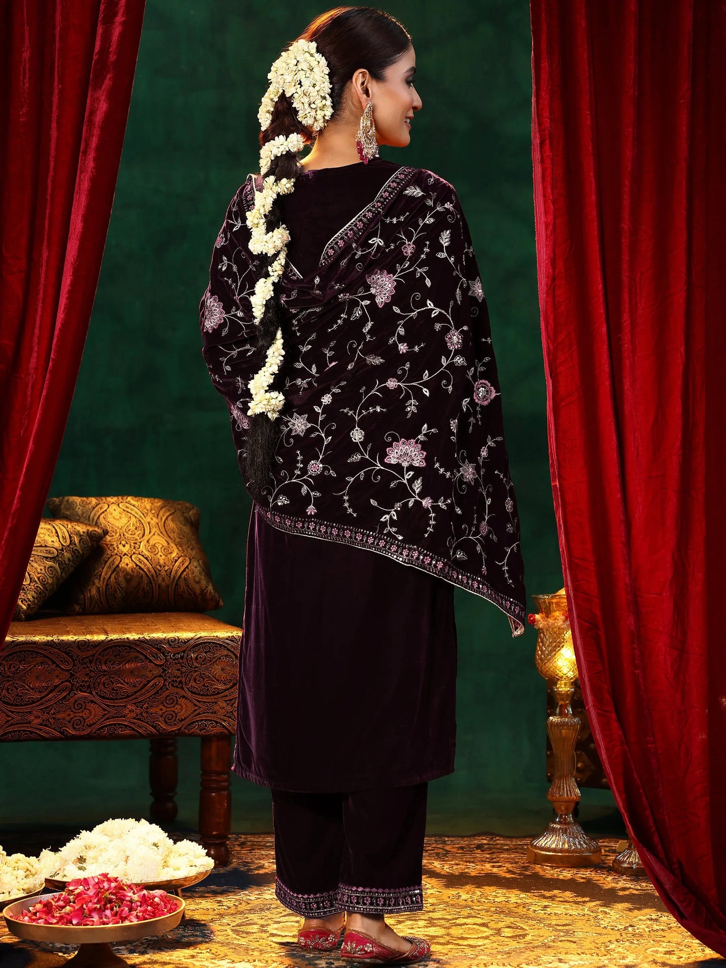 Libas Burgundy Yoke Design Velvet Straight Suit With Dupatta