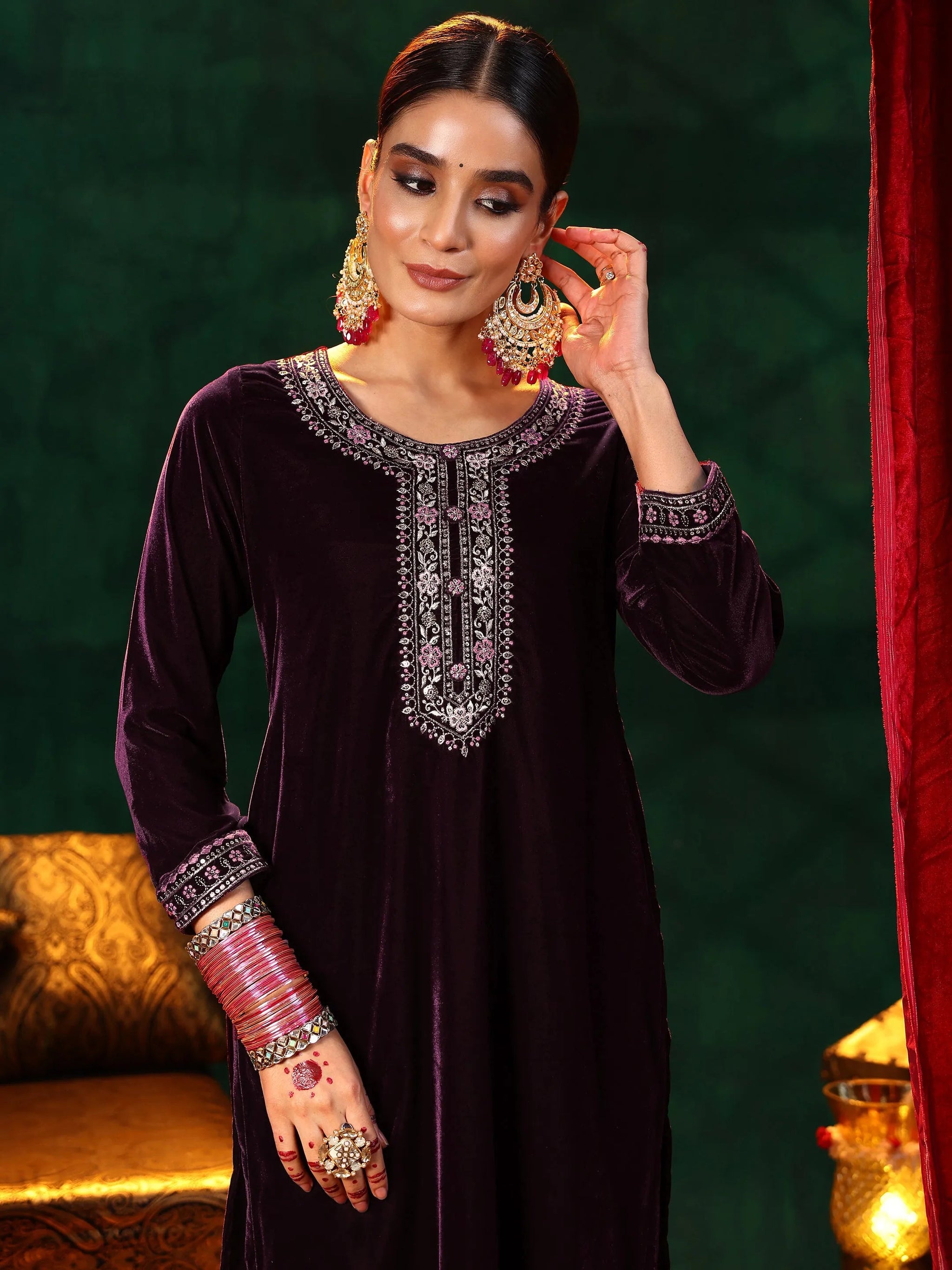 Libas Burgundy Yoke Design Velvet Straight Suit With Dupatta